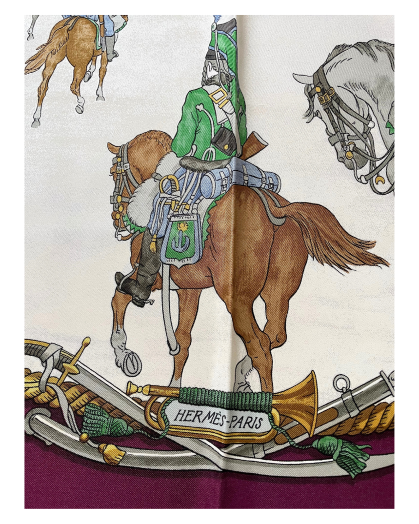 'Marine et cavalerie' Carré Hermès 90cm en soie détail