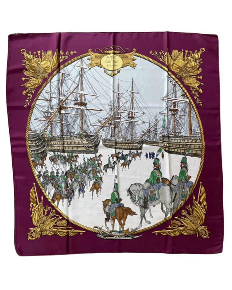 'Marine et cavalerie' Carré Hermès 90cm en soie 